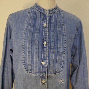 Vtg Lauren Ralph Lauren Denim Pintuck Pleats Button Up Long Sleeve Top Medium